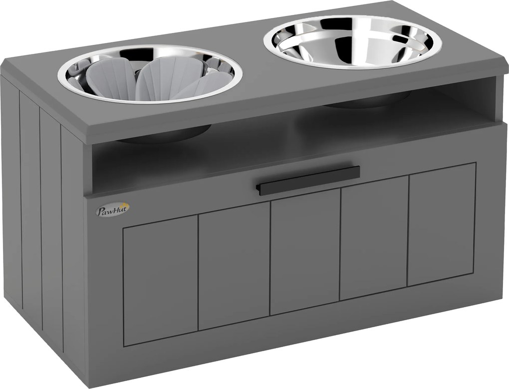 PawHut Stacja żywieniowa dla dużych psów, z 2 miskami ze stali nierdzewnej, szuflada, dozownik karmy dla zwierząt, MDF, stal, Szara