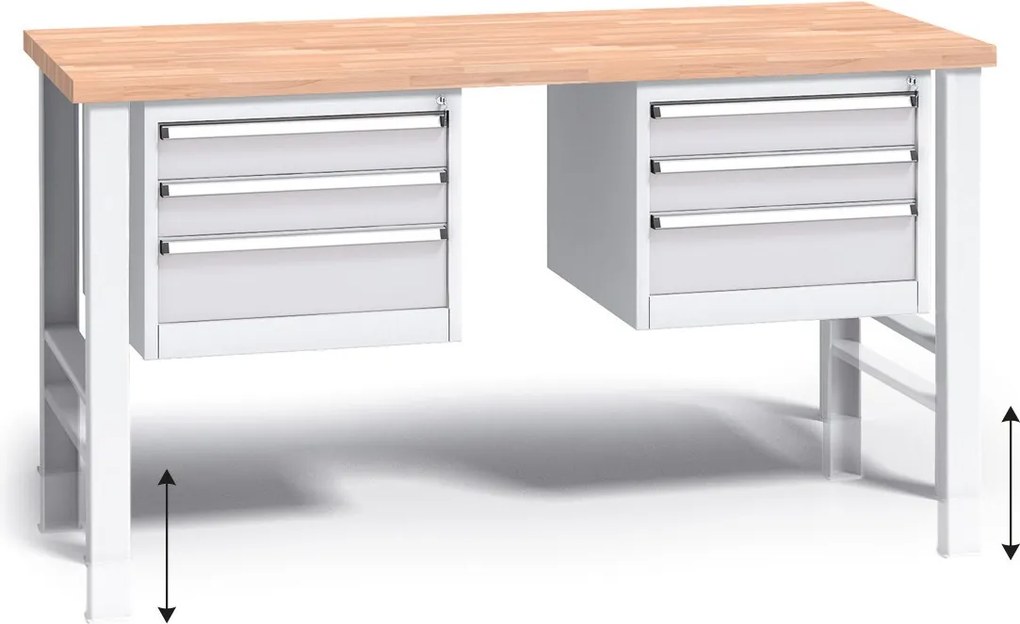 Stół warsztatowy z regulacją wysokości G3, 1700 x 685 x 840-1050 mm, 2x 3 szufladowy kontener, szary