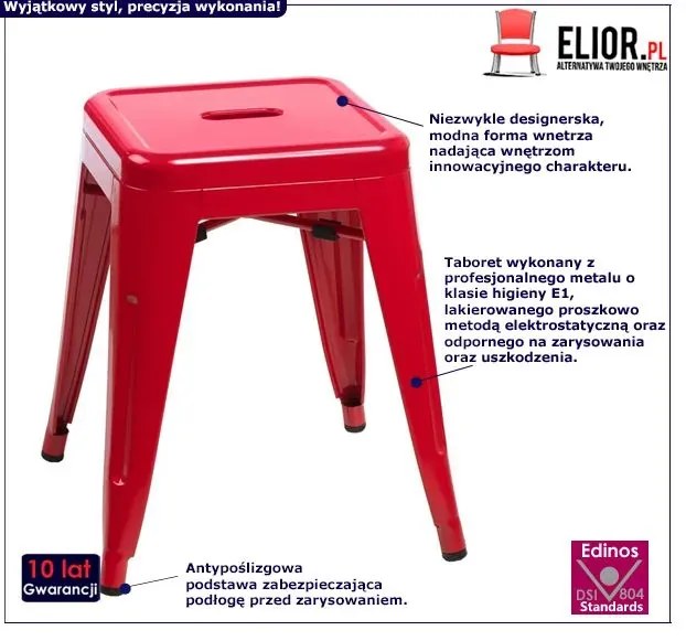 Czerwony metalowy taboret kwadratowy loft - Motemi