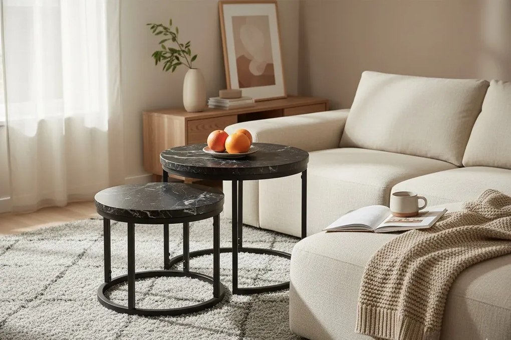 Okrągły zestaw stolików kawowych czarny marmur S2-G24