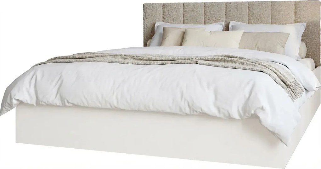 Białe dwuosobowe łóżko z zagłówkiem boucle 140x200 T4-W13
