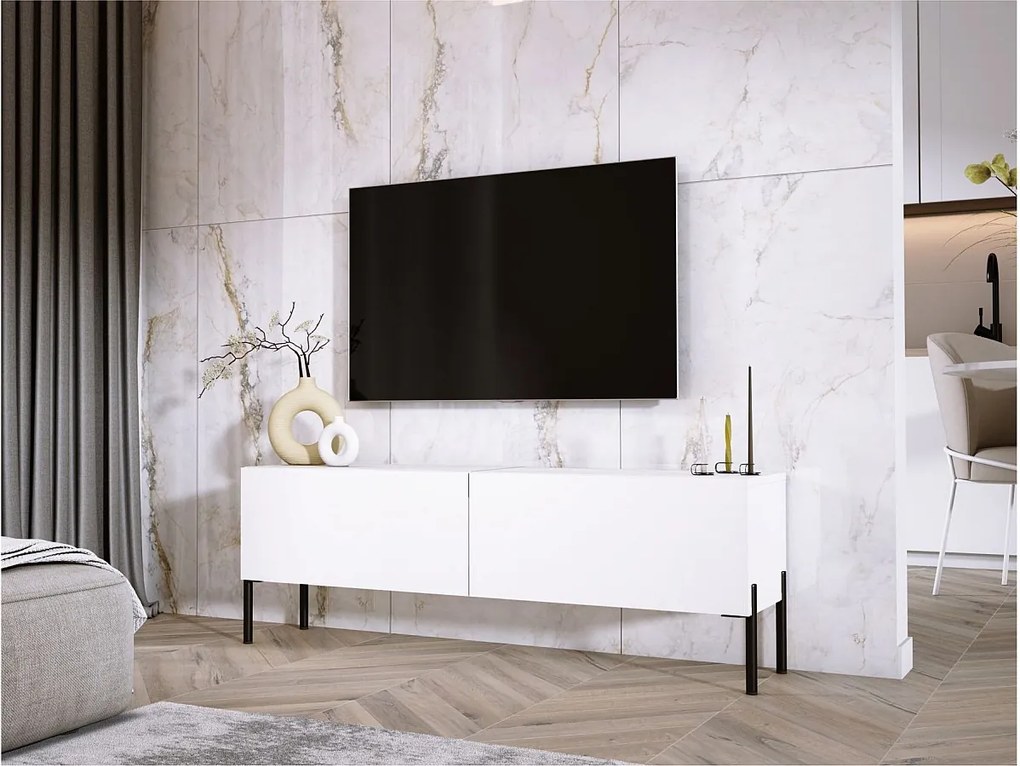 Szafka RTV: Biała matowa, nogi czarne, 140 x 52 x 32 cm