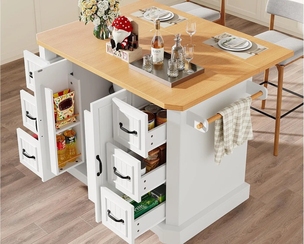 Mobilna centralna wyspa kuchenna - Blat rozsuwany - 120x75x91cm - 2 drzwi i 6 szuflad - z wieszakiem na ręczniki - Biały