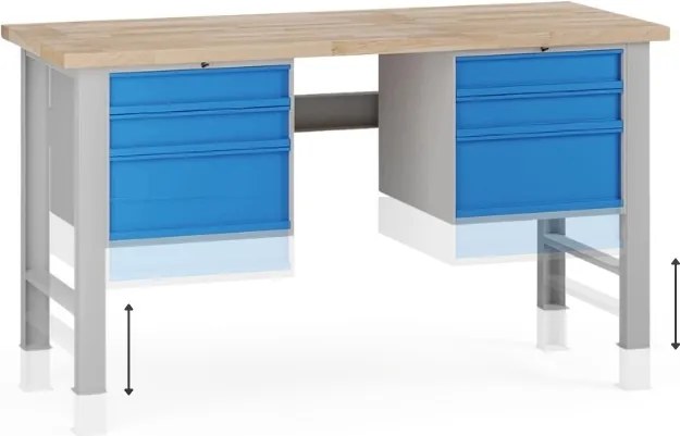 Stół warsztatowy z regulacją wysokości G7, blat bukowy, 1700 x 800 x 840-1040 mm, 2x kontener, 6x szuflada, niebieski