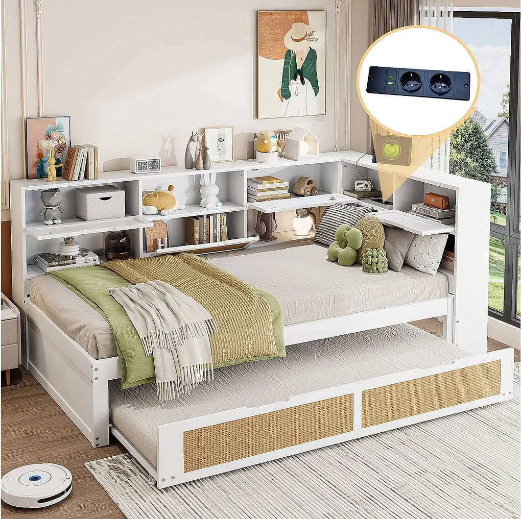 Sofa rozkładana - 90 x 200 cm + 90 x 190 cm - Sofa rozkładana - schowek - drewno sosnowe + sklejka + MDF - biała