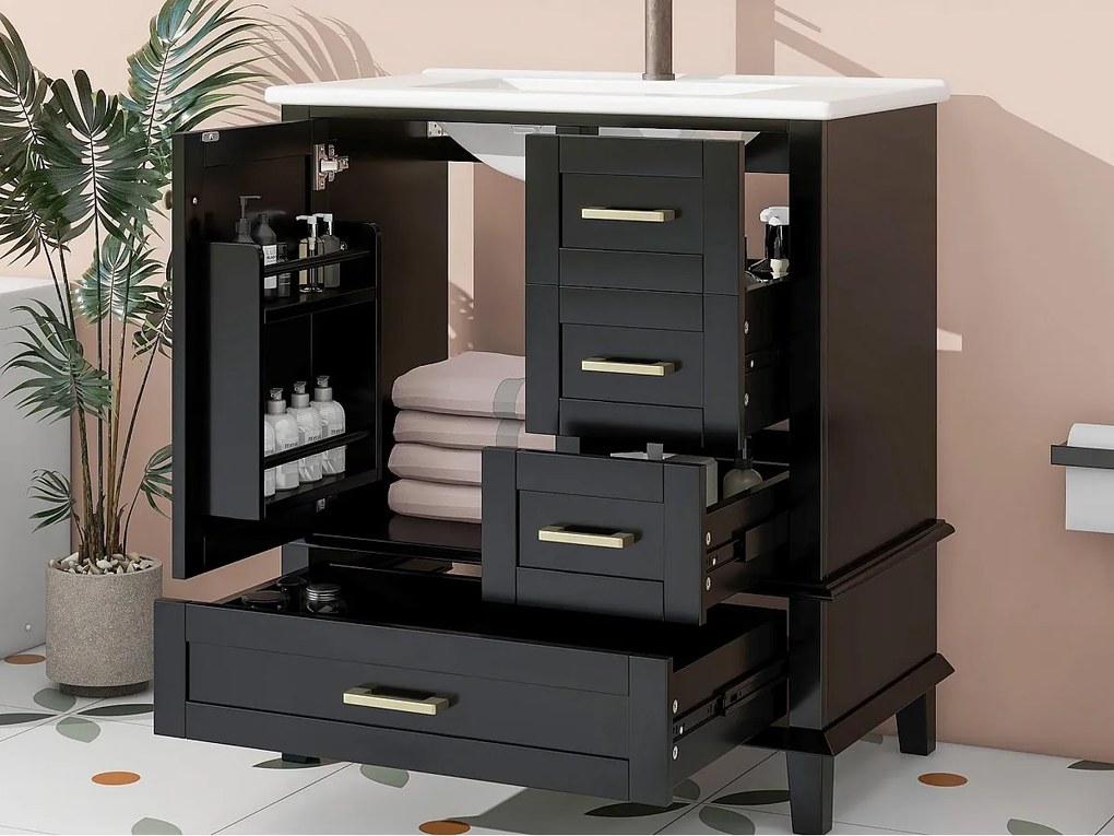 Stojący mebel łazienkowy - z ceramiczna umywalką - 1 drzwi i 3 szuflady - Czarny​ (bateria nie jest wliczona w cenę)