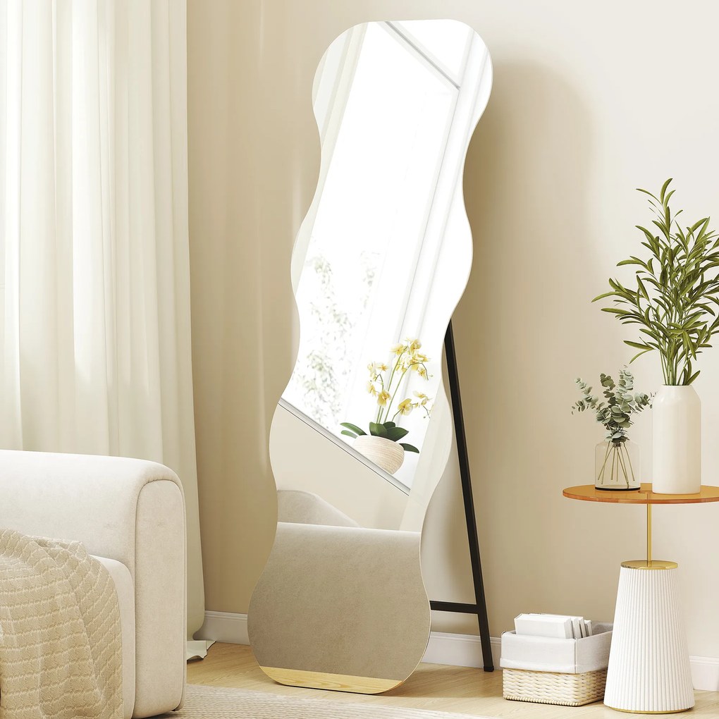 HOMCOM Lustro w całości bez ramy, z podstawą drewnianą, elastyczne umiejscowienie, w kształcie falisty, Czarny