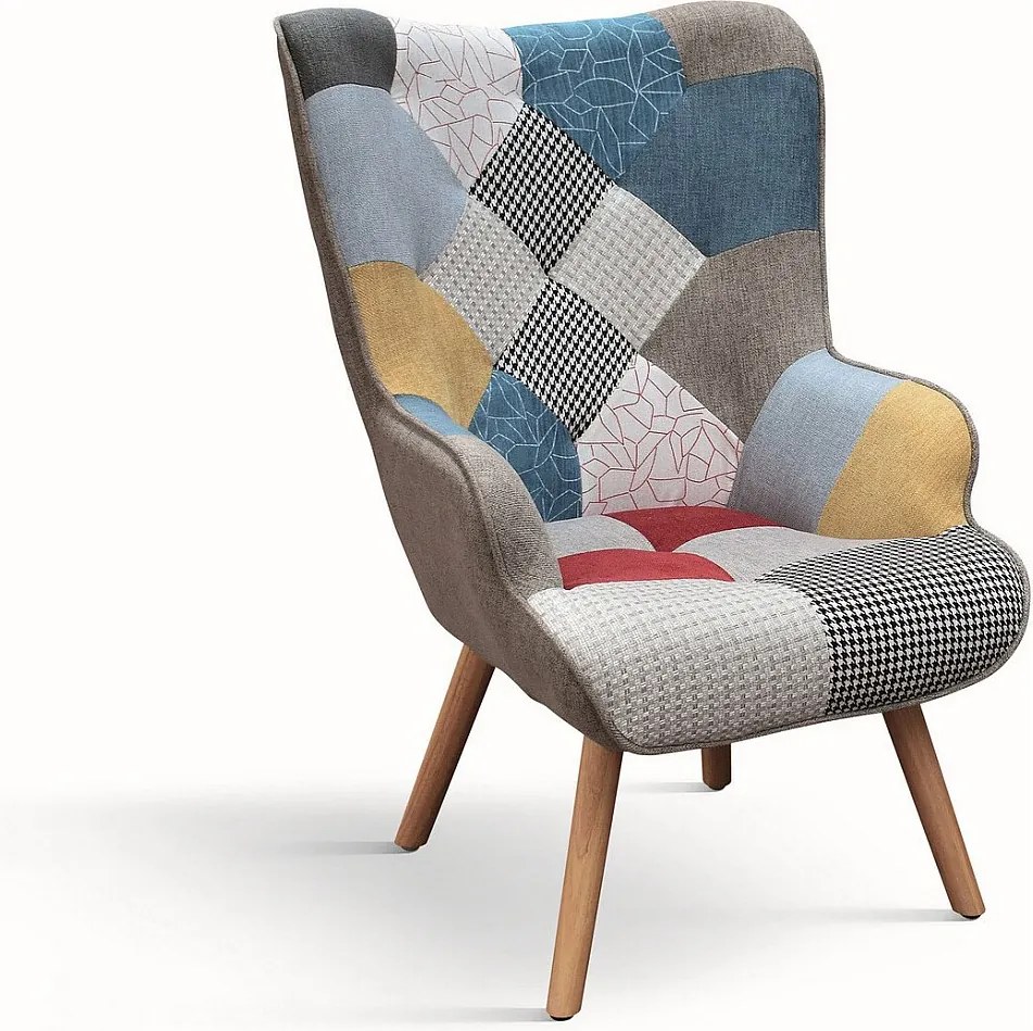 Wielokolorowy fotel patchworkowy z drewnianymi nogami - HAVANA