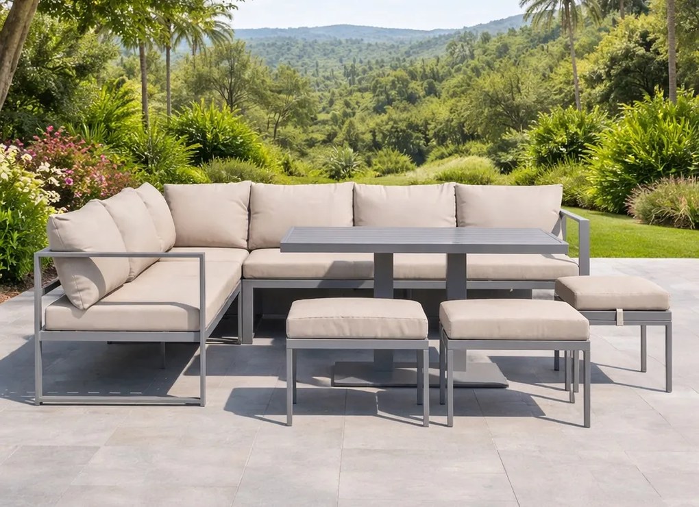 Narożnik ogrodowy Bellagio NM21-G-GR z pufami i ławostołem, szary, poduszki beżowe