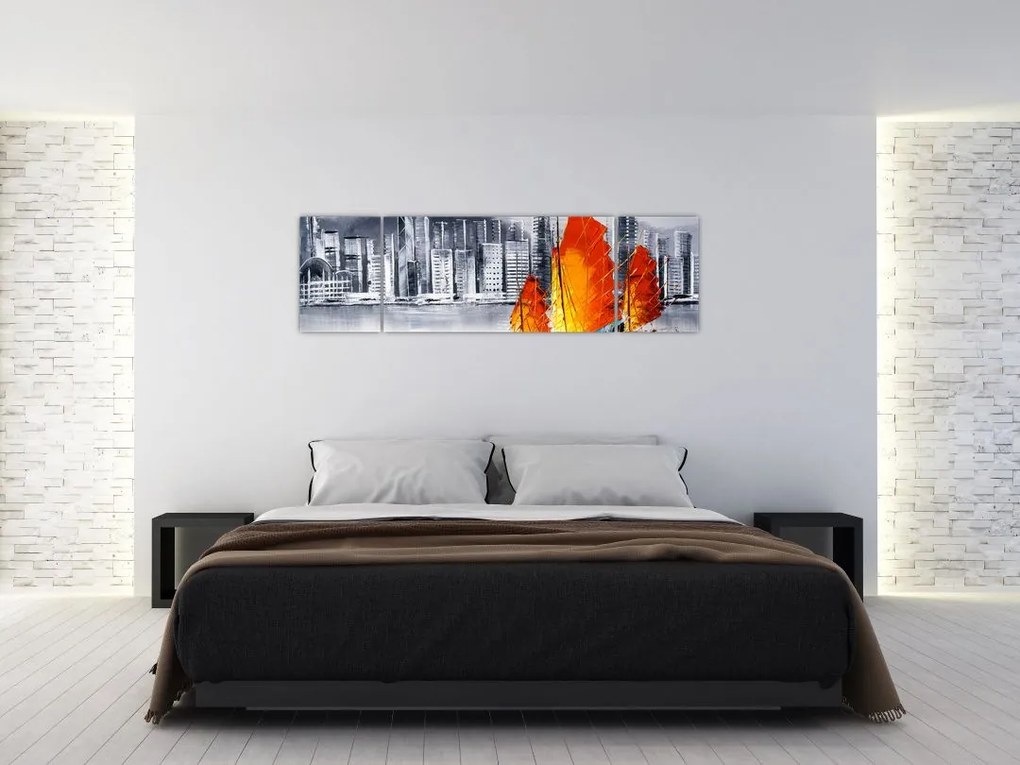 Obraz - Victoria Harbor, Hongkong, czarno-biały obraz olejny (170x50 cm)