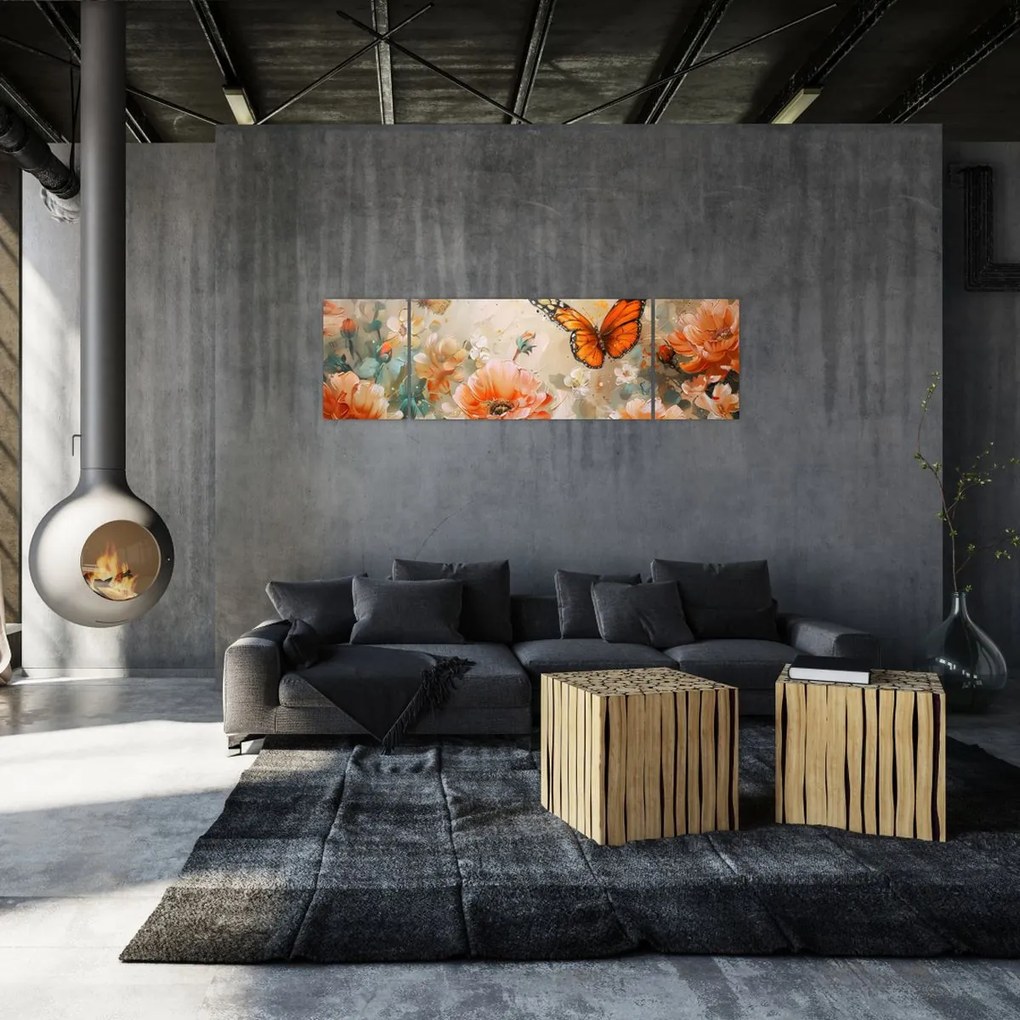 Obraz - Motyl i kwiaty, obraz olejny (170x50 cm)
