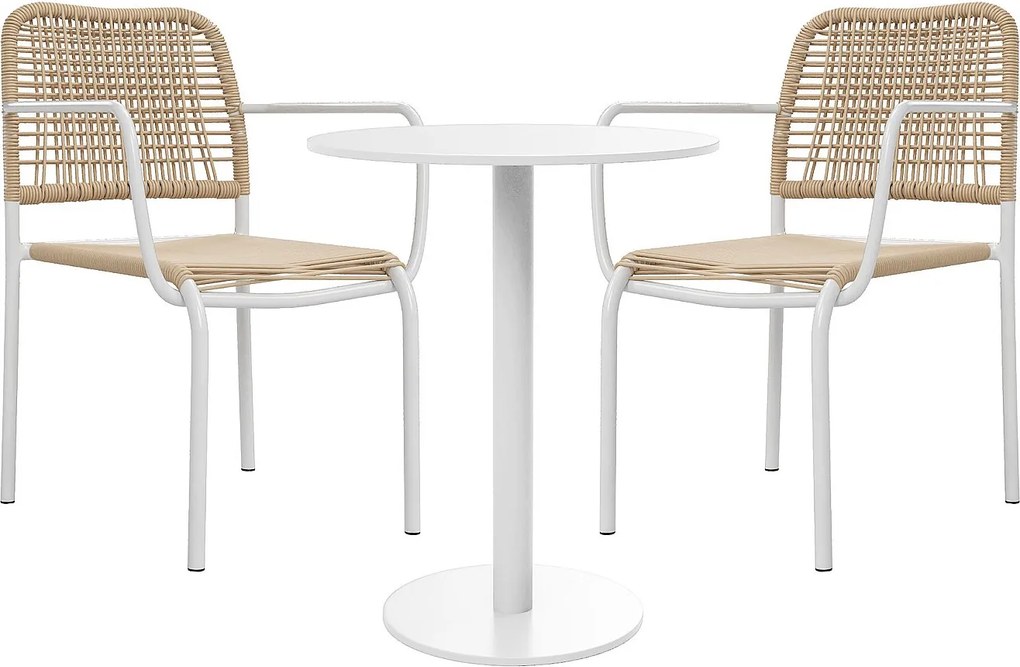 Metalowy i pleciony zestaw ogrodowy: stół śr. 60 cm i 2 krzesła z podłokietnikami (sztaplowane) - Beżowy - NIOU od MYLIA