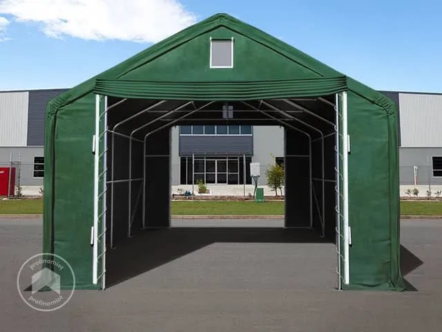 TOOLPORT 6x8m Hala namiotowa - 3 m wysokość ścian bocznych z 4x3,35m bramą, PRIMEtex 2300, ciemnozielony, ze statyką (podłoże gruntowe) - (48671)