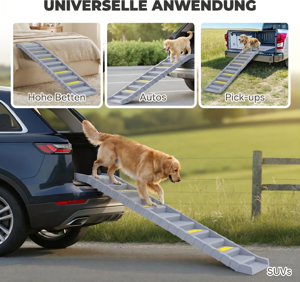 PawHut Rampa dla psa składana do samochodu, schodki z 10 stopniami, antypoślizgowa powierzchnia, 154x40cm dla dużych psów do 25 kg | Aosom PL