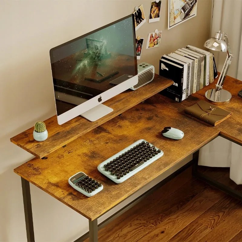 Biurko Narożne Komputerowe 130 cm z Półką – Rustykalny Brąz, Industrial Loft