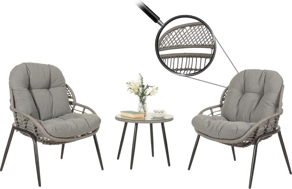 Zestaw polirattanowy MCW-N33 (3-częściowy),  szary, tapicerka ciemnoszara