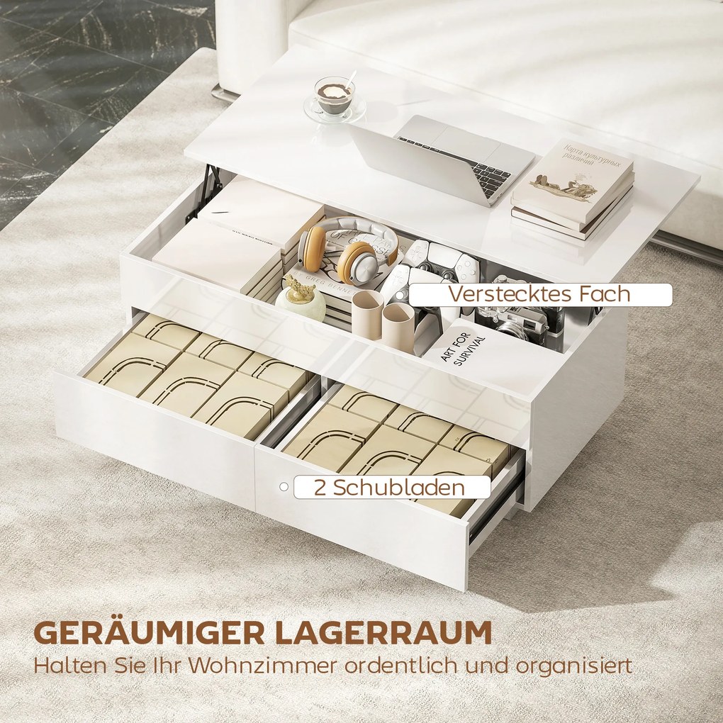 HOMCOM Stolik kawowy regulowany, nowoczesny stolik do salonu z ukrytym schowkiem i 2 szufladami, biały wysoki połysk | Aosom PL