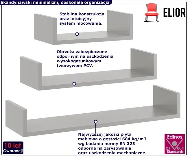 Zestaw 3 Szarych Półek Ściennych P9-S67