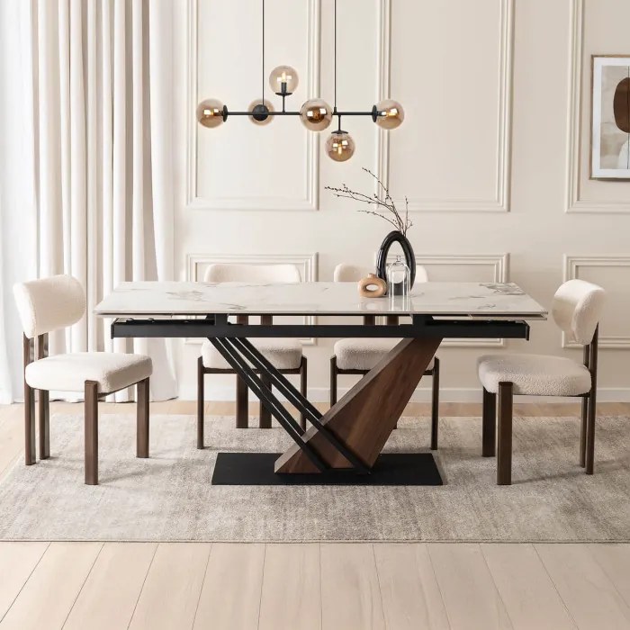 Stół Rozkładany Prostokątny REX 2 180-240 cm Ceramiczny Biały Marmur/Orzech do Jadalni Nowoczesny Loft