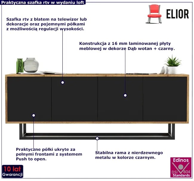 Loftowa szafka rtv dąb wotan + czarny P9-G04