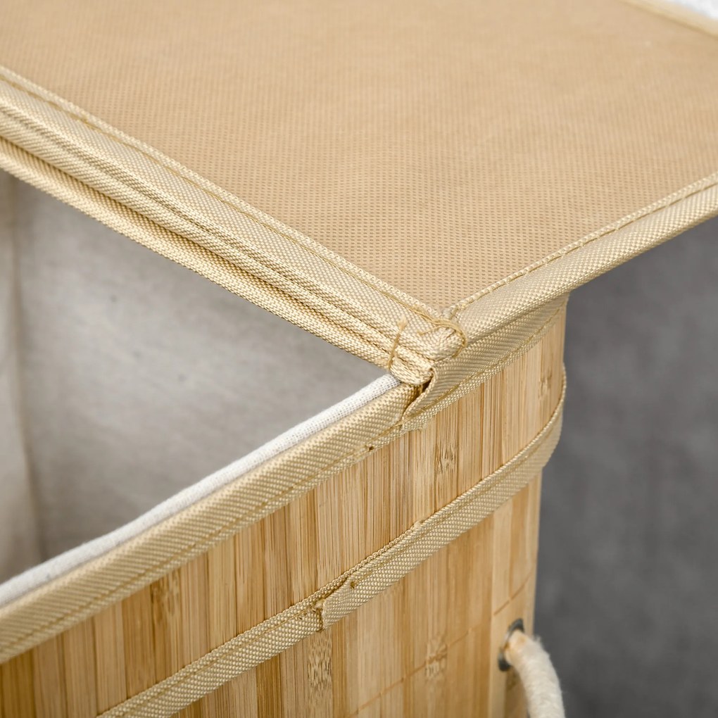 HOMCOM Składany kosz na pranie z bambusa, poręczny 90 L pojemnik na pranie z wyjmowanym wewnętrznym workiem i pokrywą