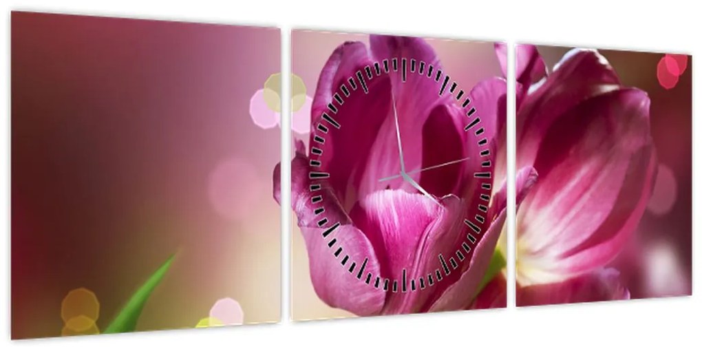 Obraz różowych tulipanów (z zegarem) (90x30 cm)