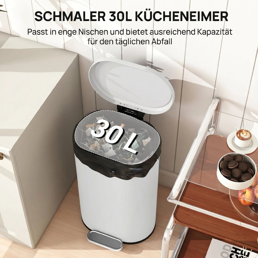 HOMCOM Kosz na śmieci kuchenny 30 litrów kosz na pedał z pokrywą Soft-Close, pedał metalowy, Cremeweiß, 36,5 X 31 x 61 cm | Aosom PL