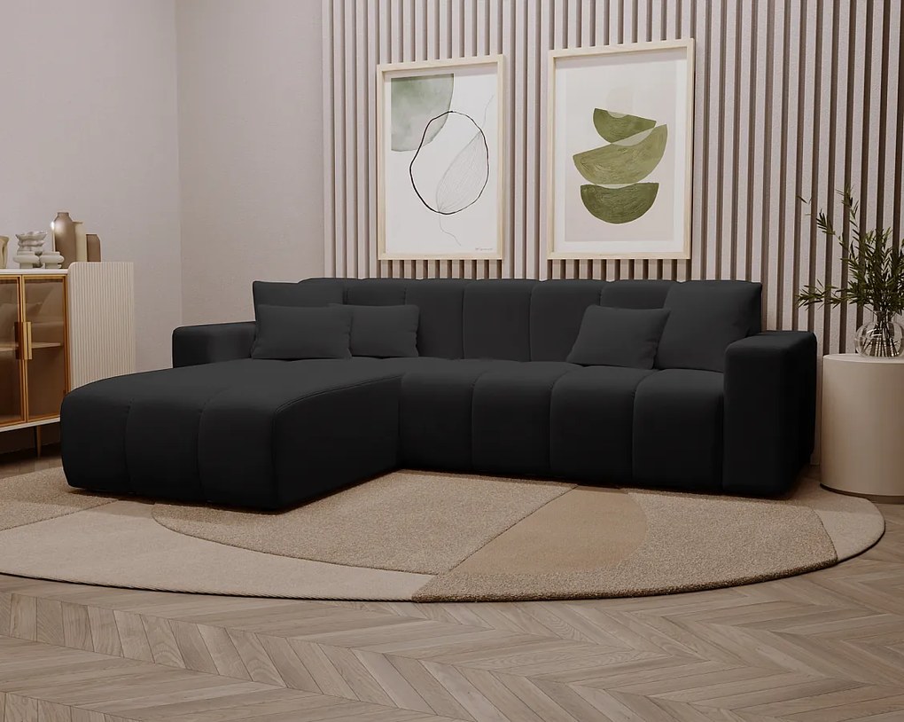 Emporius Miral narożnik w kształcie L - sofa do salonu bez funkcji spania i bez pojemnika - nowoczesny styl, lewostronny, tkanina aksamitna, czarny (Komodo 23)