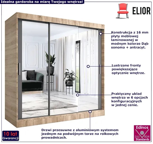 Szafa przesuwna z lustrem dąb sonoma + antracyt 200 cm - Kukkin 6X