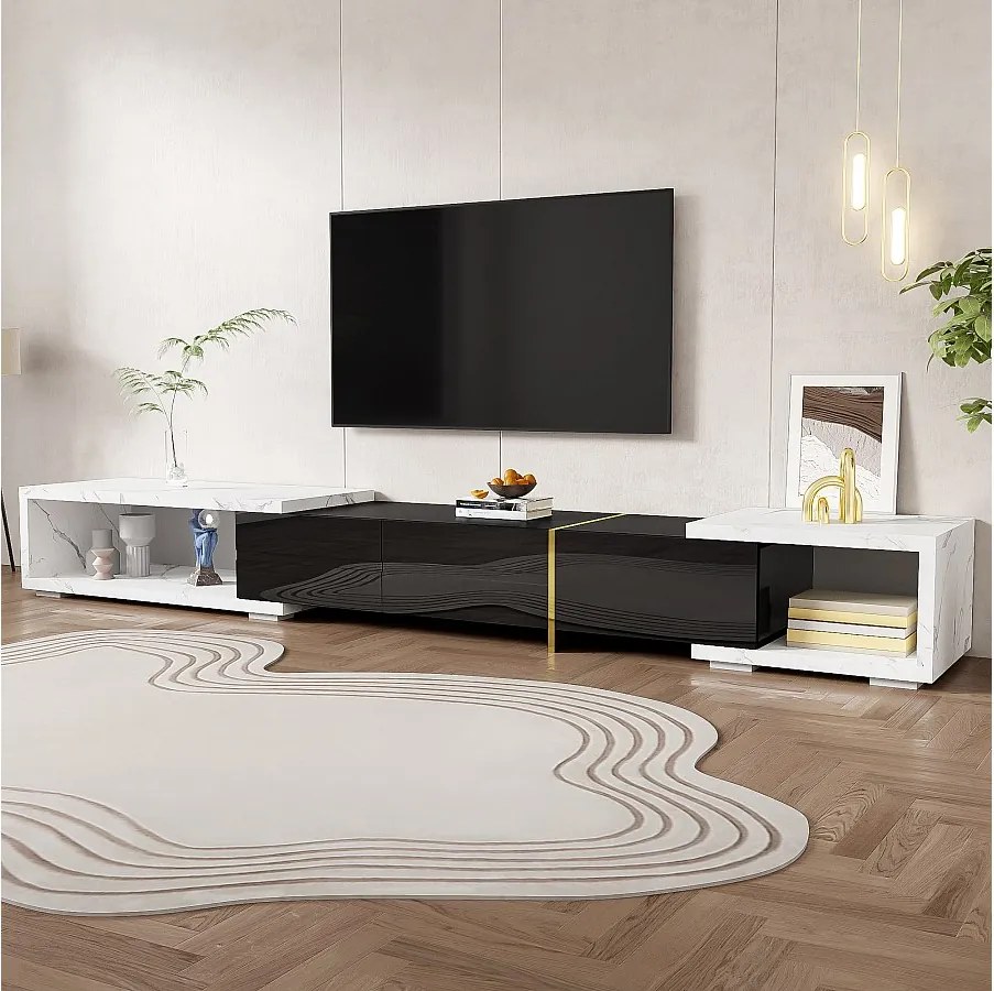 Rozsuwana szafka RTV z 3 drzwiami - 140/260 x 40 x 30 cm - Efekt marmuru - MDF - Czarny połysk + biały