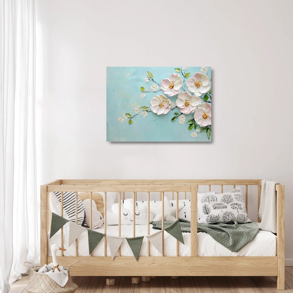 Obraz na szkle - Kwiatki na niebieskim tle (70x50 cm)