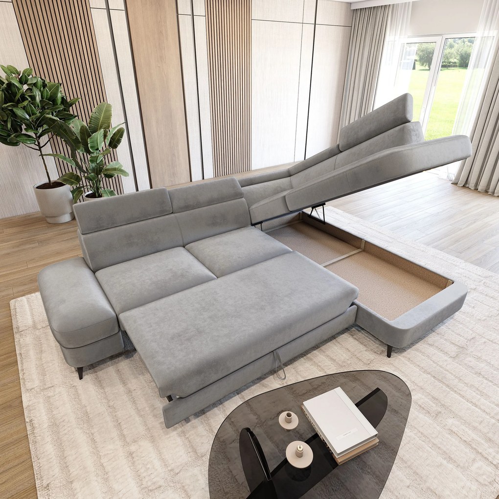 Masseno Narożnik AVISE z funkcją spania i pojemnikiem na pościel Narozniki L, Rozkładana sofa - Jasnoszary, MONOLITH 84