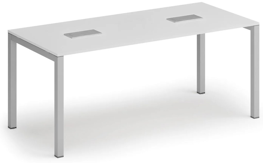 Stół konferencyjny PRIMO SQUARE, 180x80 cm, szaro-srebrna podstawa, biały + 2x port blatowy TYP I, srebrny