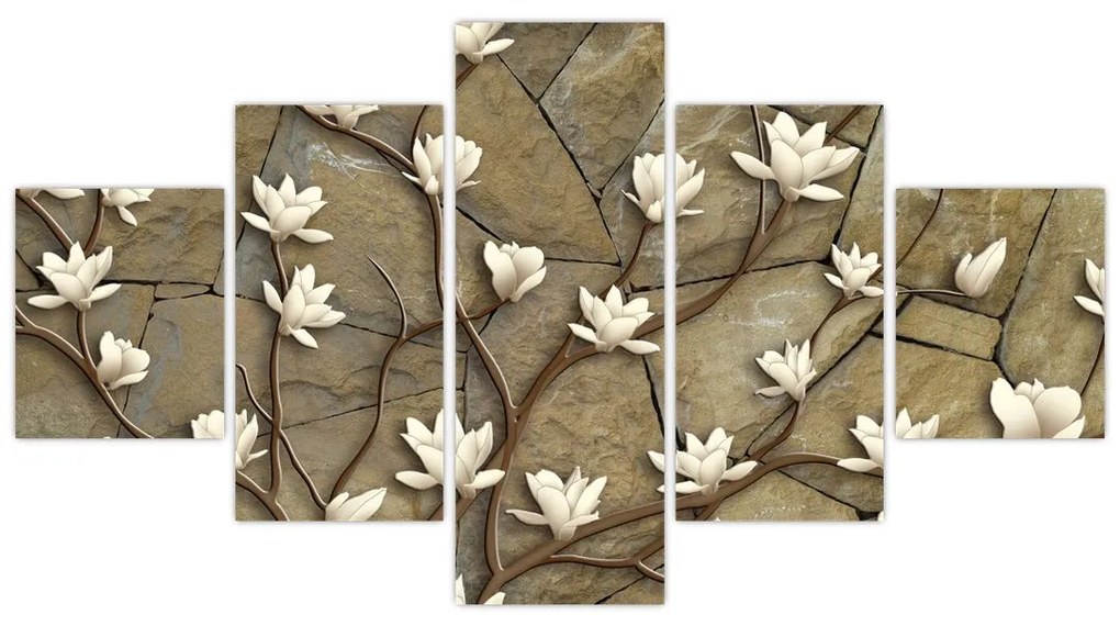 Obraz - Białe magnolie na murze kamiennym (125x70 cm)