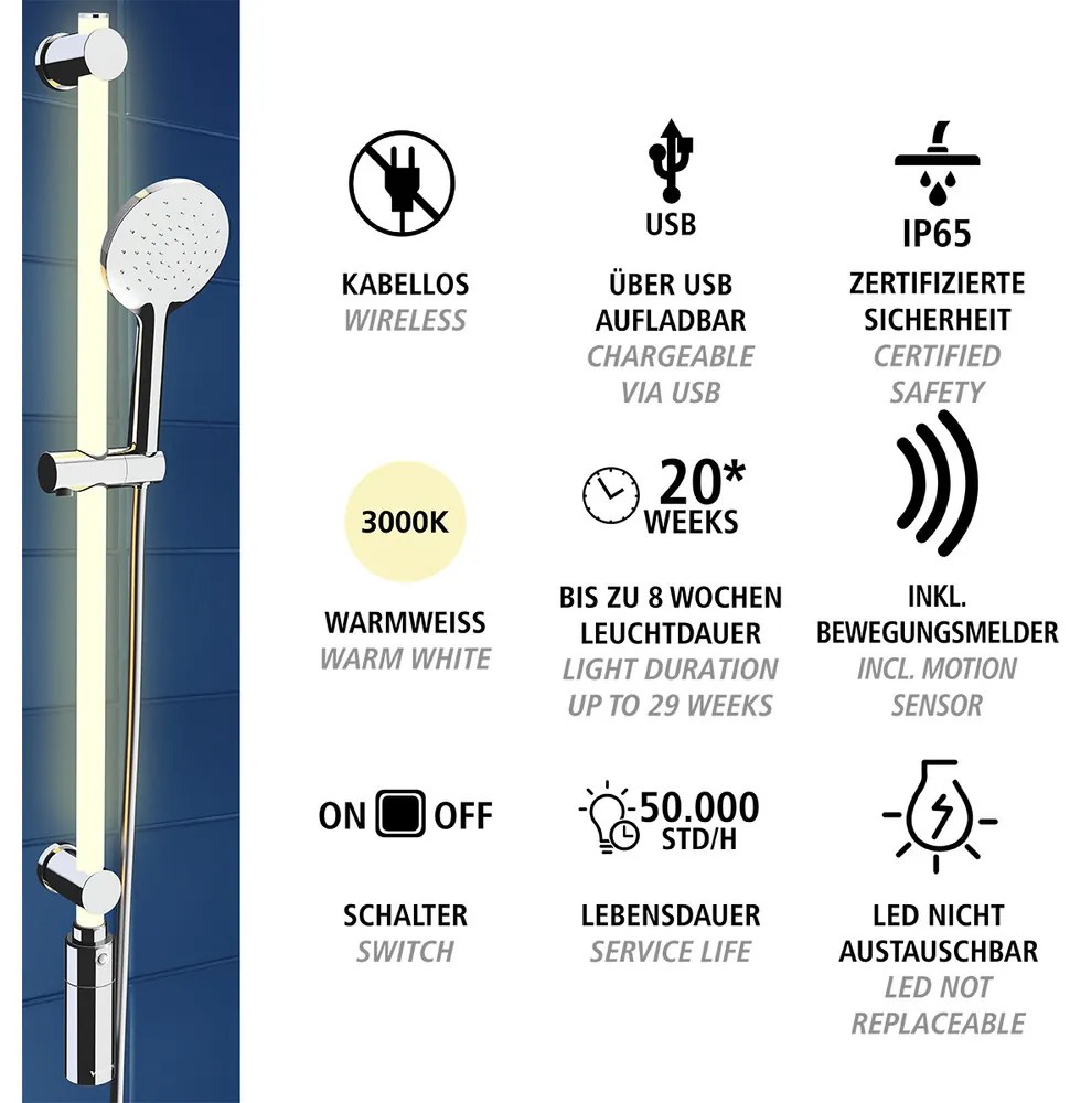 Drążek prysznicowy LED 94 cm, ciepła biel, słuchawka i wąż prysznicowy, WENKO