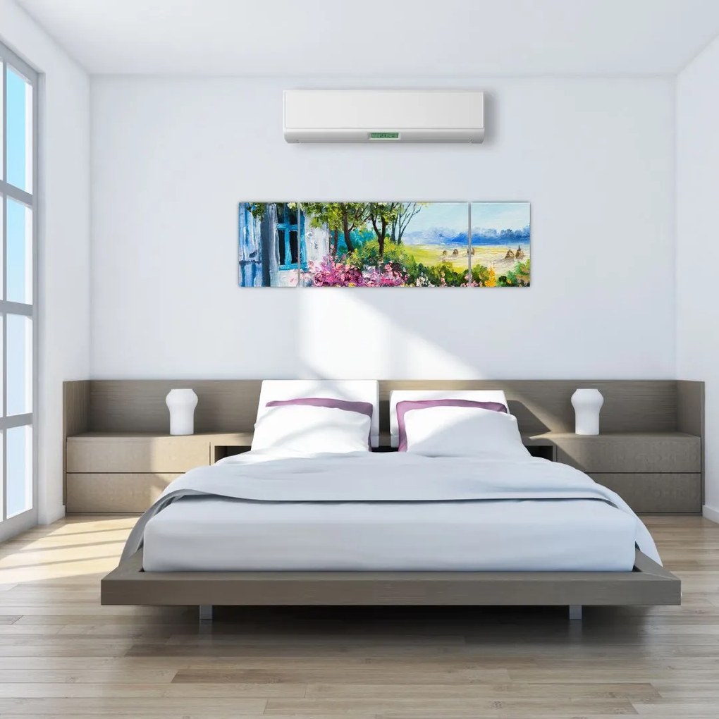 Obraz ogrodu przed domem, obraz olejny (170x50 cm)