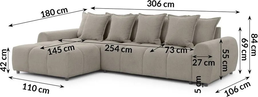 Szarobrązowy narożnik (lewostronny/z szezlongiem) Albane – Ropez