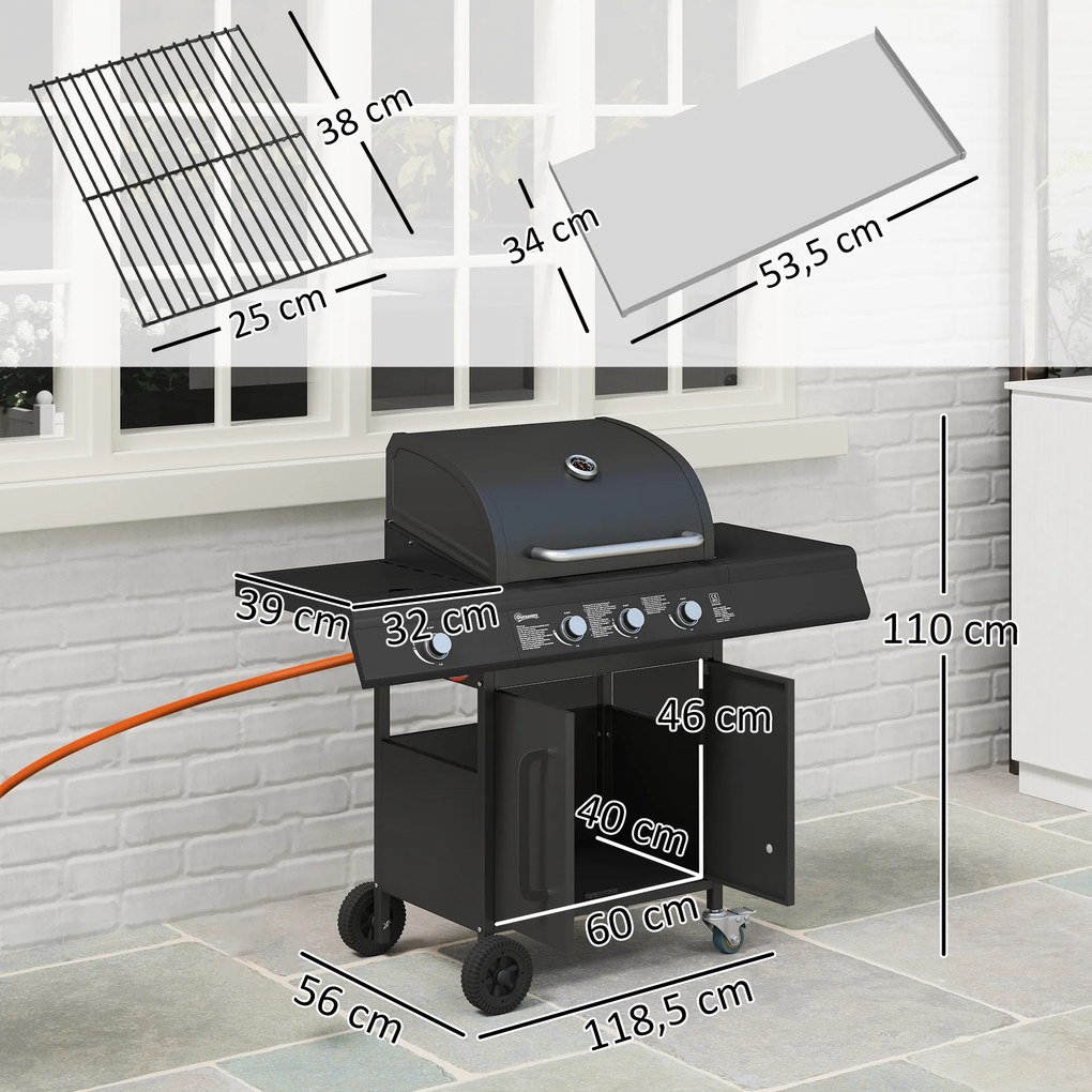 Outsunny Mobilny grill gazowy z przestrzenią do przechowywania, bocznym stołem, palnikiem bocznym, rusztem do podgrzewania, termometrem, ze stali nierdzewnej, czarny