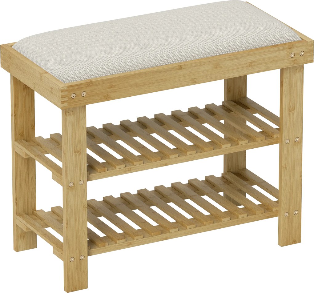 HOMCOM Ławka na Buty z Miejscem Siedzenia, Bambus z Przestrzenią do Przechowywania, 2 Otwarte Przegrody, 60 x 29 x 49 cm Kremowobiały