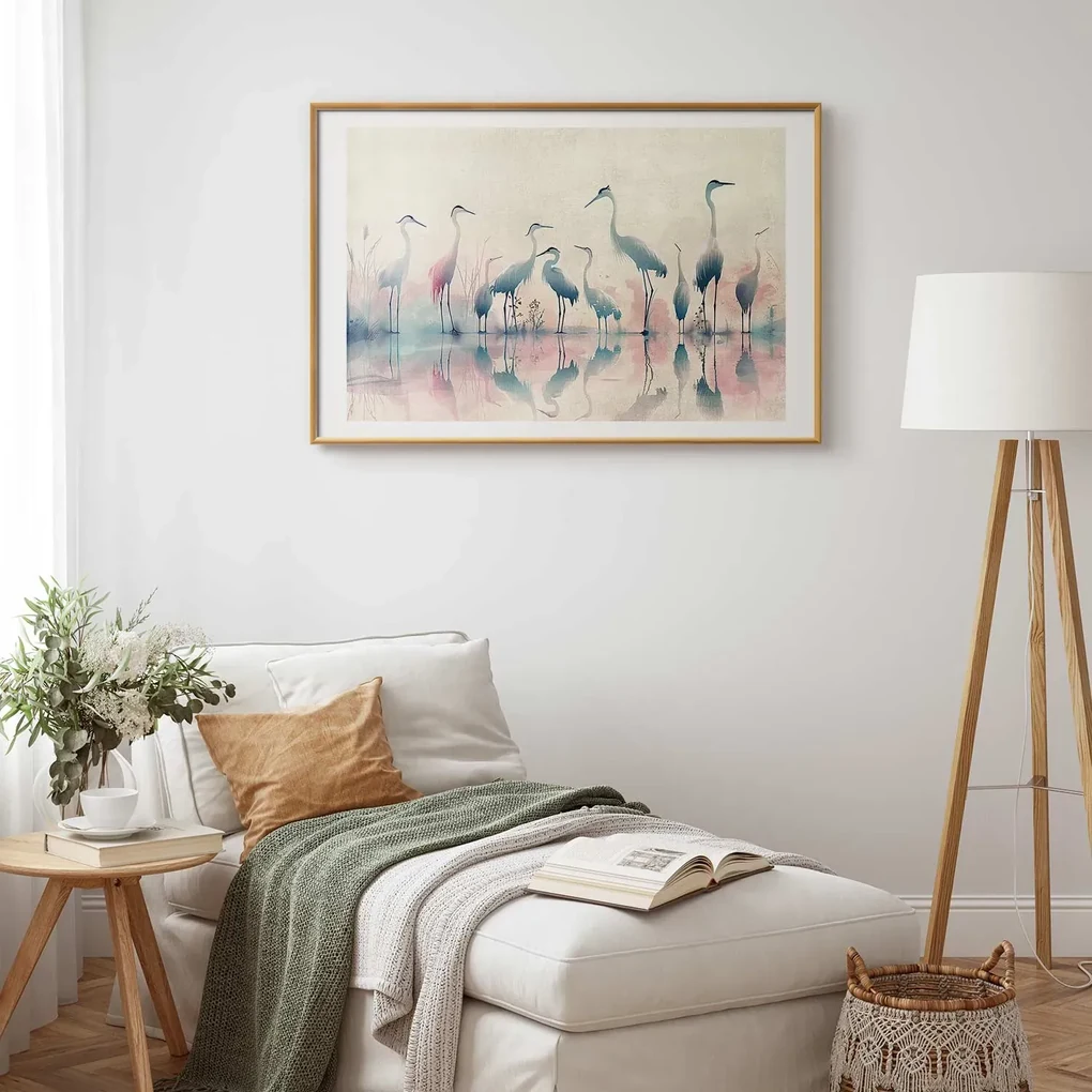 Plakat Ptaki nad jeziorem 60x40 cm z ramą złotą z marginesem ARTGEIST B