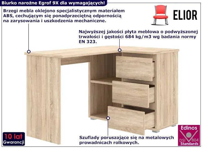 Narożne duże biurko z szufladami i półkami dąb sonoma - Egrof 9X