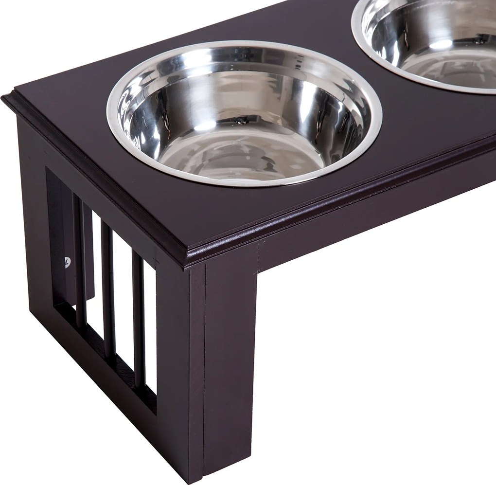 PawHut® Stojak na Miski dla Psa Kota Podwyższony 2 Miski Stal Szlachetna Płyta MDF Kawowy | Aosom.pl