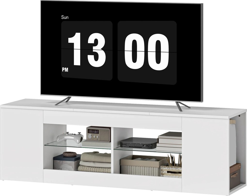 HOMCOM Stojak TV biały szafka RTV 140 cm komoda pod telewizor 6 przegród i 2 półki szklane nowoczesna | Aosom PL