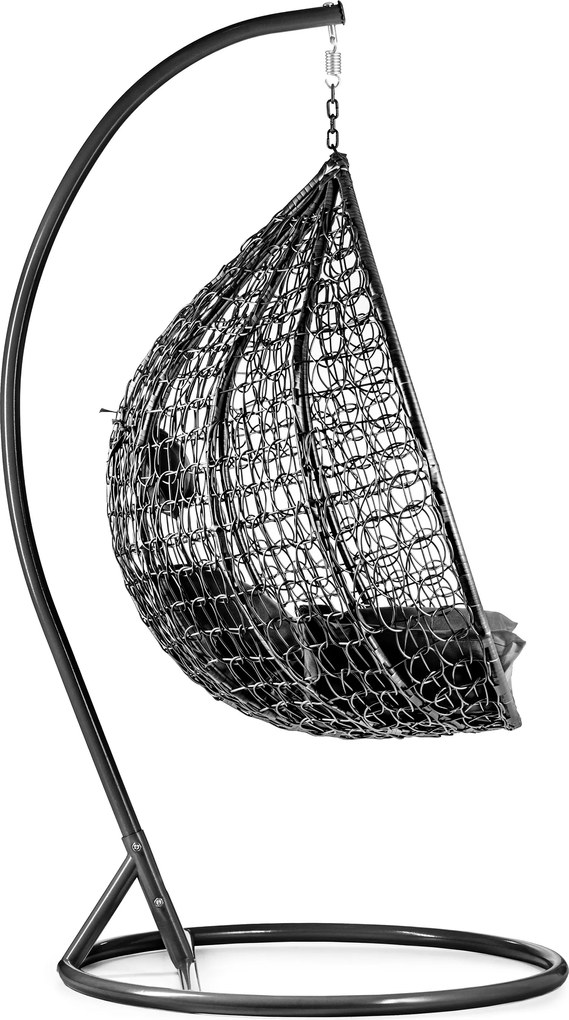 Czarne wiszące krzesło KOKON ze stojakiem, szara poduszka