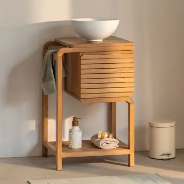 Zestaw Mebli Łazienkowych Z Drewna Tekowego Bradley Okrągły Biały Ceramiczny Ø30 Cm Calgari & Bezlusterkowiec & Bez Kranu & - Sklum