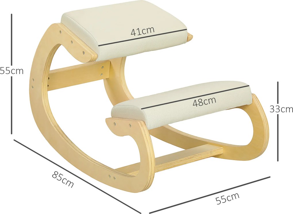 HOMCOM Fotel na kolanach z funkcją kołysania, z tkaniny lnianej i drewna brzozowego, 55x85x55 cm, Kremowy