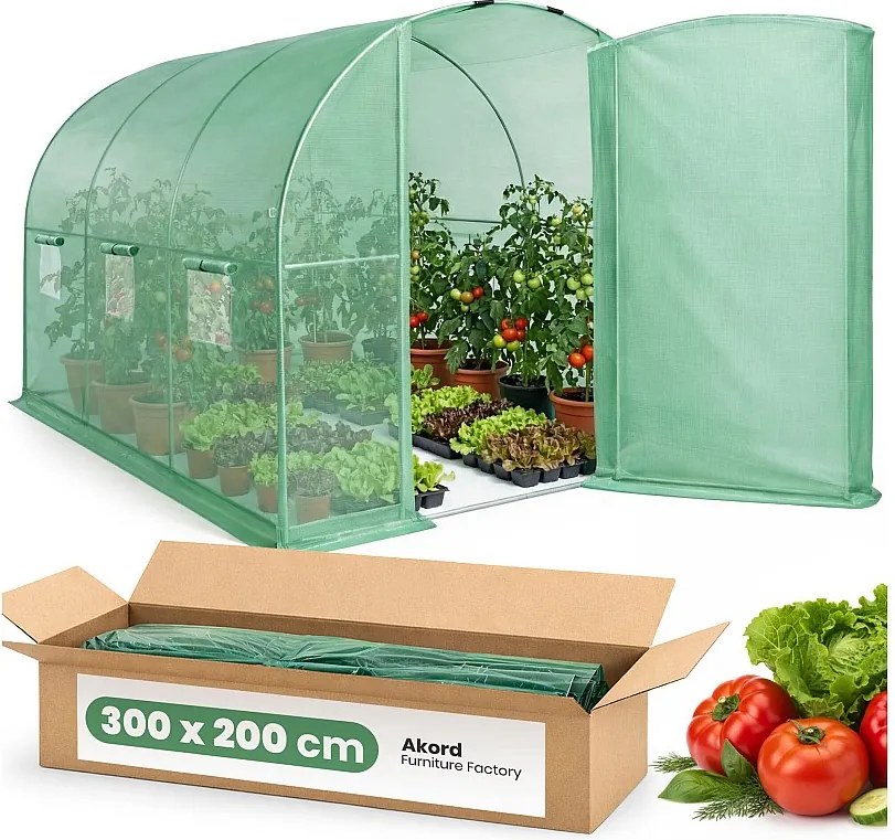 Szklarnia ogrodowa foliowa tunel z metalowymi drzwiami 6 okien Zielona 200x300x200 cm