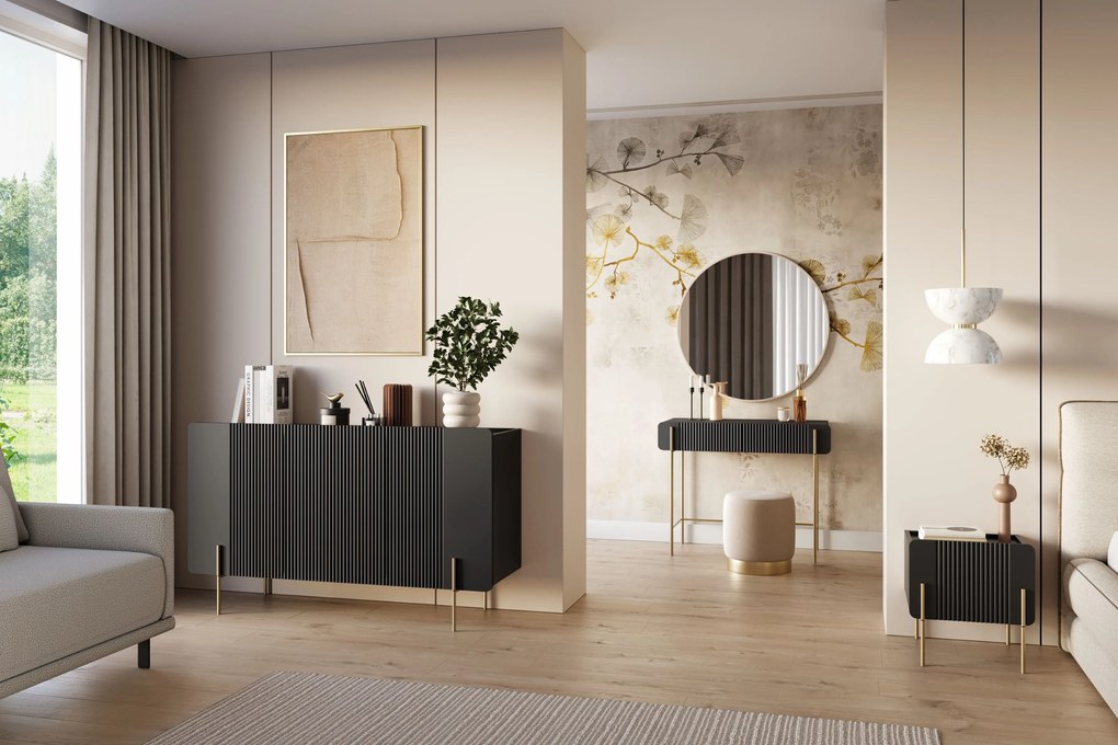 Komoda Malmi 150 cm trzydrzwiowa - czarny mat / złote nóżki