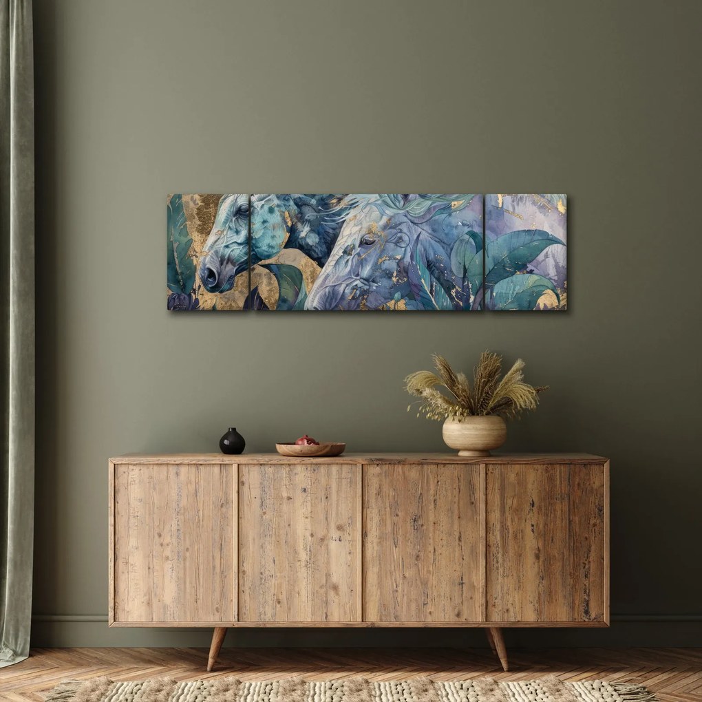Obraz - Konie na złotym tle (170x50 cm)