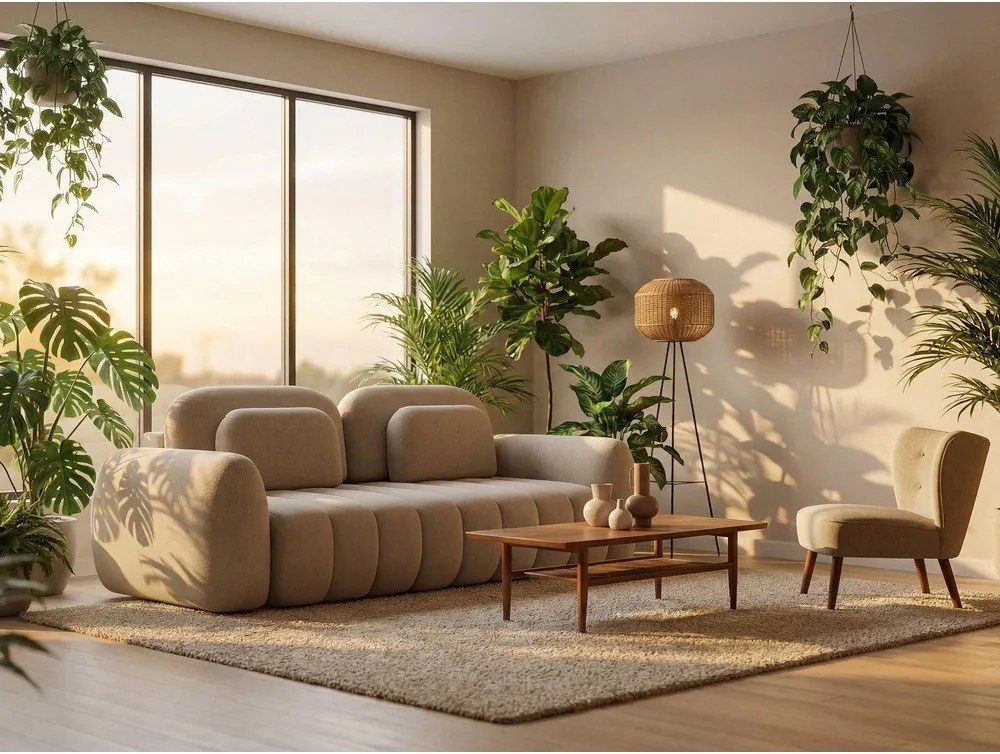 Zielona sofa rozkładana z materiału bouclé ze schowkiem 266 cm Pele – Makamii